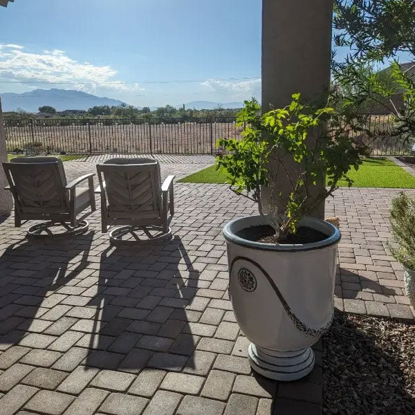 Anduze Urn Planter with green plant on red brick paver patio near two chairs