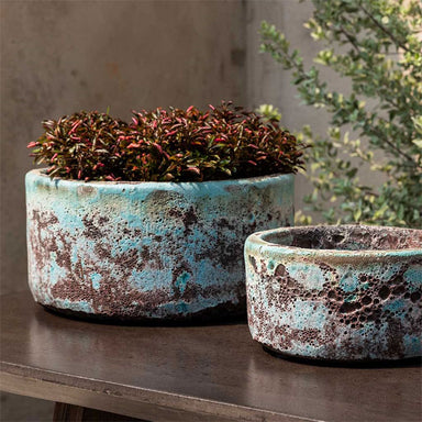 Anh Bowl Planter - Verdigris on table filled with plants