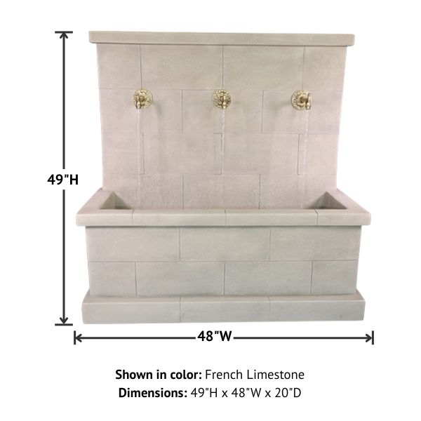 Antibes Trois Wall Fountain in bronze spouts with product details.