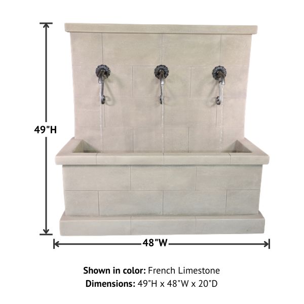 Antibes Trois Wall Fountain in rustic spouts with product details.