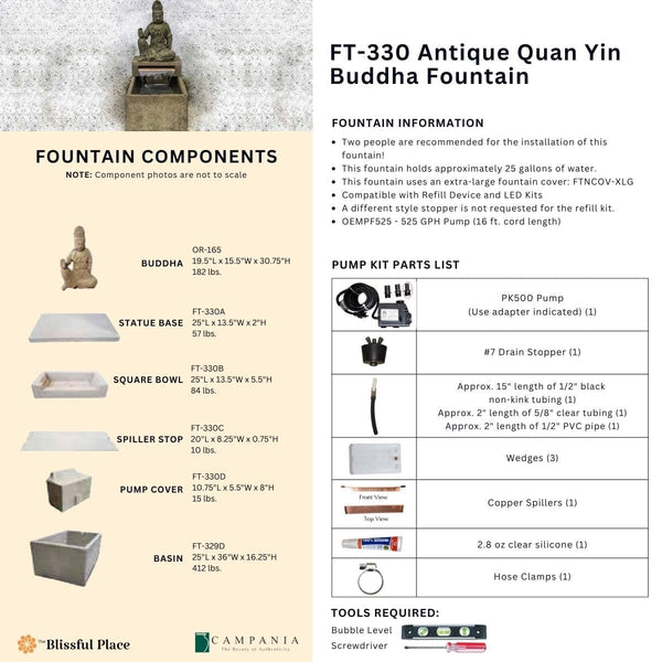 Complete overview of the Antique Quan Yin Fountain with dimensions, weights, pump kit parts, tools, and general info.