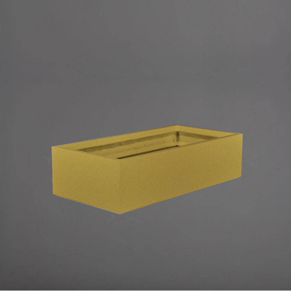 Antwerp Wide Rectangular Fiberglass Planter in gloss metallic gold against gray background.