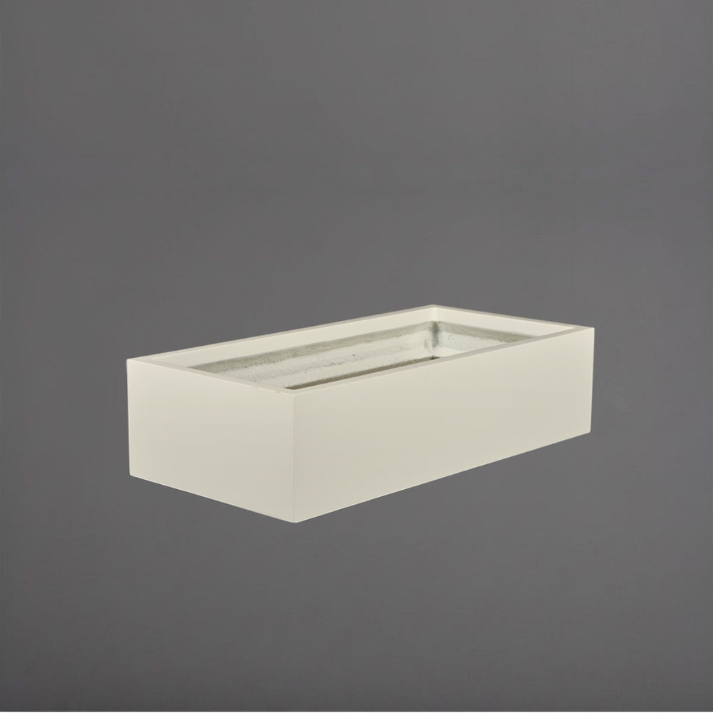 Antwerp Wide Rectangular Fiberglass Planter in satin beige against gray background.