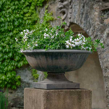 Apsley Urn filled with white flowers in the backyard