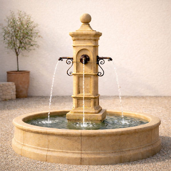 Aquitaine Cast Stone Pond Fountain with four water spouts and circular basin in an elegant European courtyard setting.