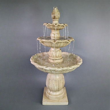 Arcea Lotus Three Tier Fountain against gray background.