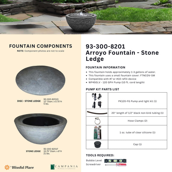 Info sheet for the Arroyo Fountain - Stone Ledge listing components, dimensions, weights, pump parts, and required tools.