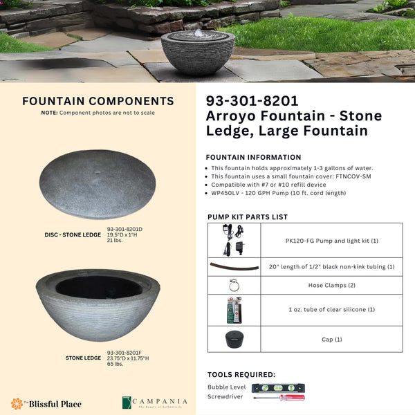 Info sheet for the Arroyo Fountain Lg - Stone Ledge listing components, dimensions, weights, pump parts, and required tools.