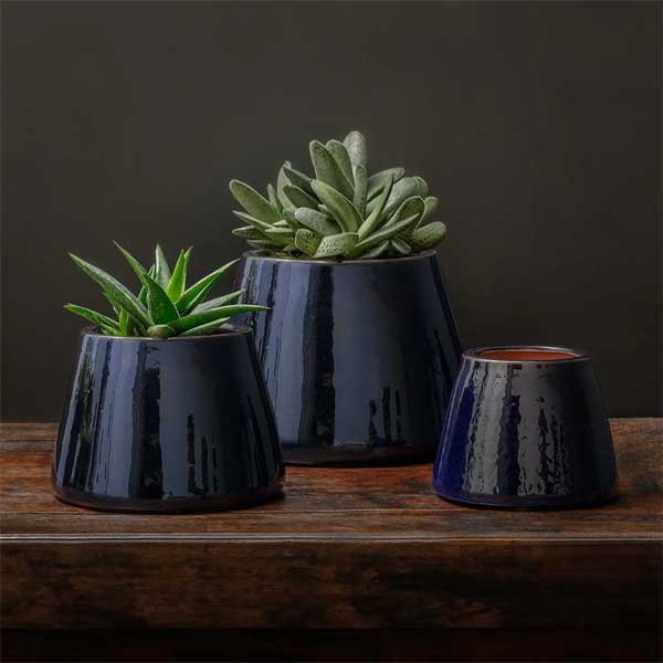 Artisan Pot Planter, Large - Sapphire - S/2 filled with cactus on the table