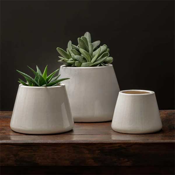 Artisan Pot Planter, Medium - Shiny White - S/4 filled with plants on table