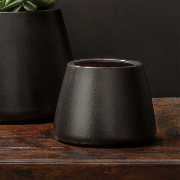 Artisan Pot, Small - Matte Black - S/6 on table against black backdrop