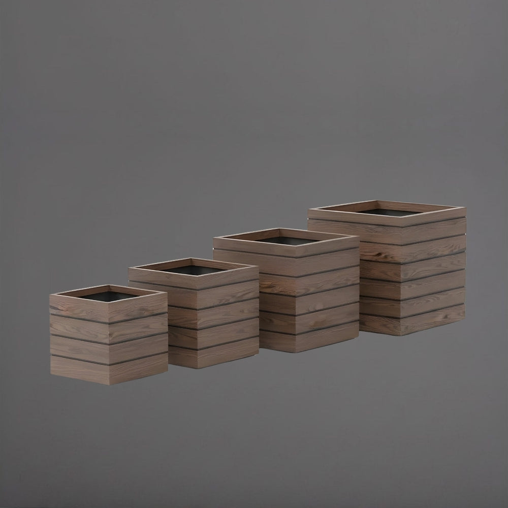 Ashevile Cube Wood Look Fiberglass Planter against gray background.