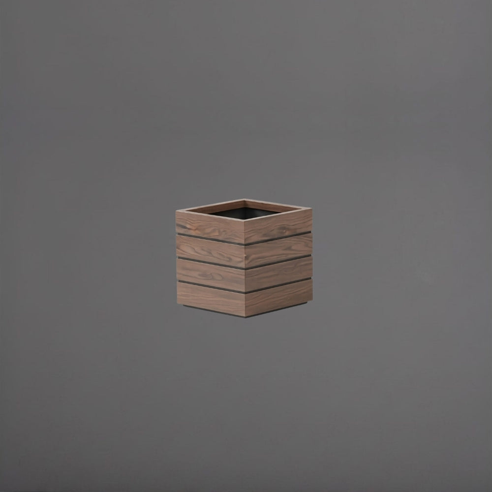 Ashevile Cube Wood Look Fiberglass Planter in 17 inch size against gray background.