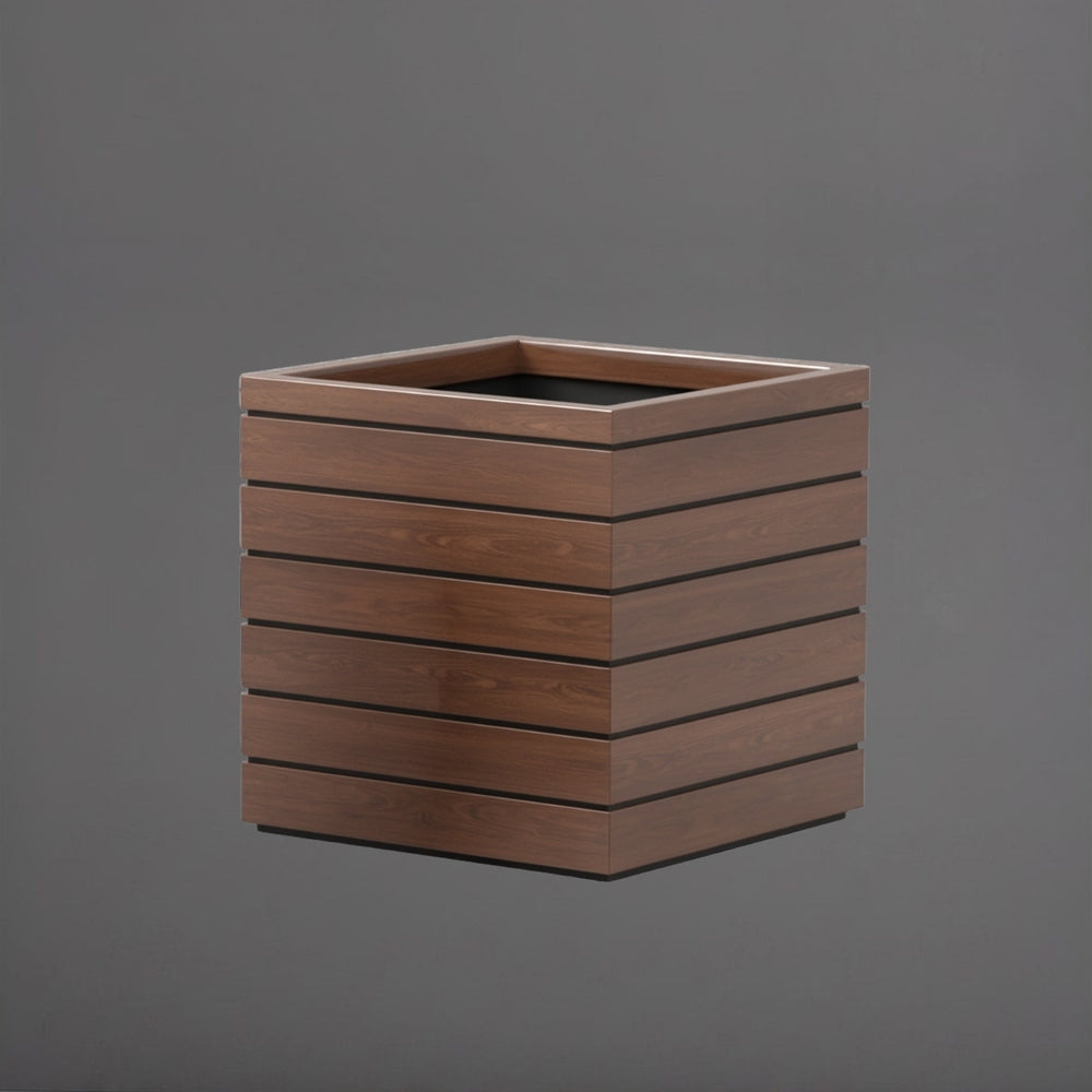 Ashevile Cube Wood Look Fiberglass Planter in 28 inch size against gray background.