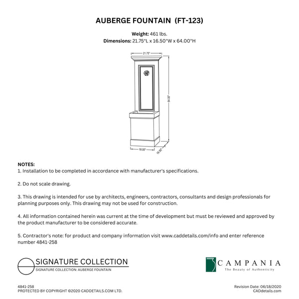 CAD drawing of the Auberge Fountain with dimensions, weight, and manufacturer notes.