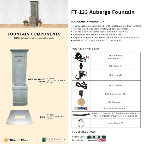 Complete overview of the Auberge Fountain with dimensions, weights, pump kit parts, tools, and general info.