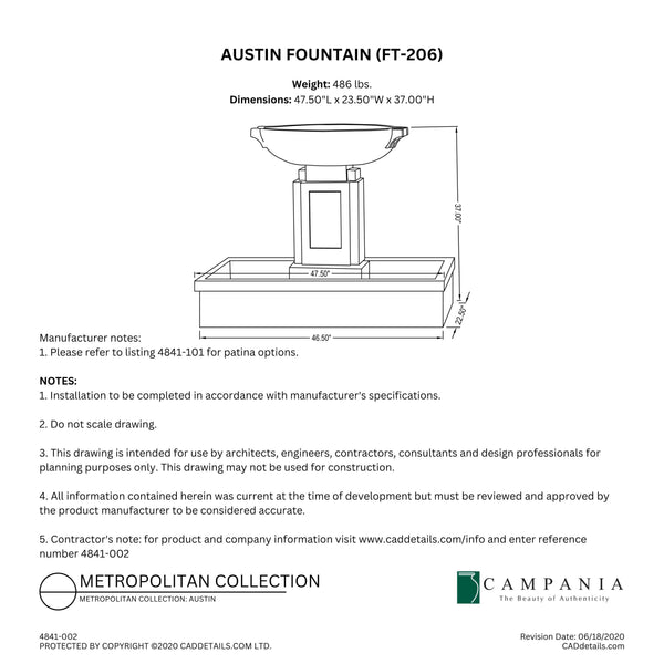 CAD drawing of the Austin Fountain with dimensions, weight, and manufacturer notes.