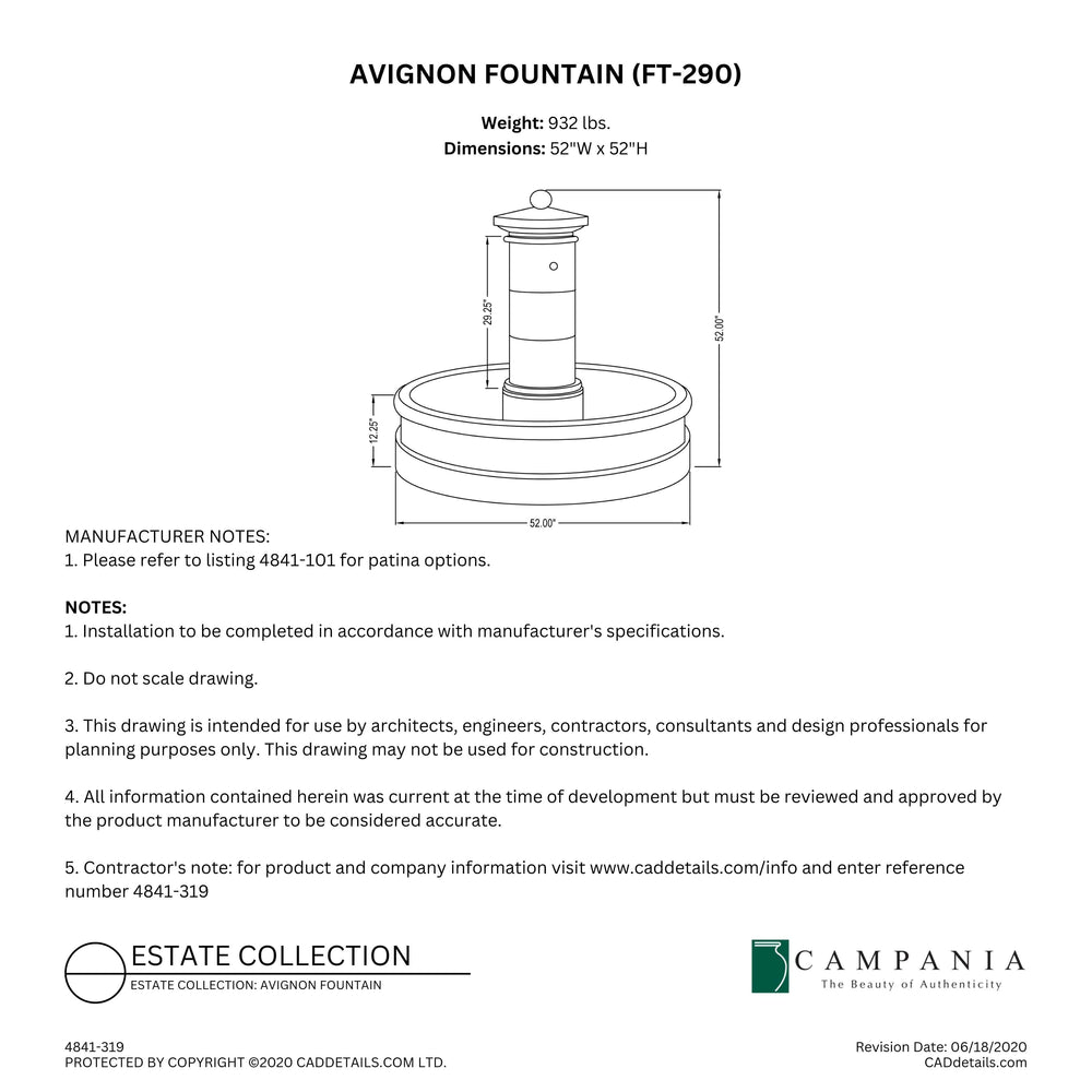 CAD drawing of the Avignon Fountain with dimensions, weight, and manufacturer notes.