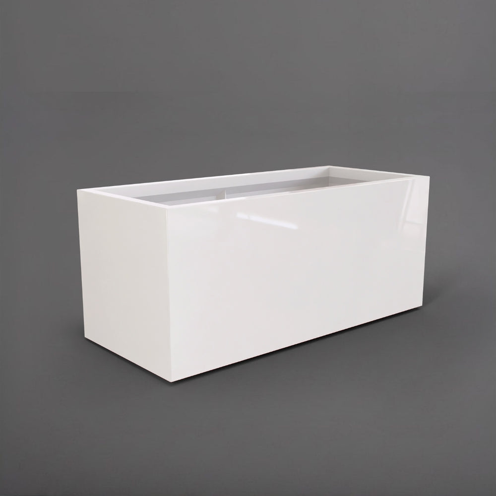 Badalona Rectangle Fiberglass Planter in gloss bright white against gray background.