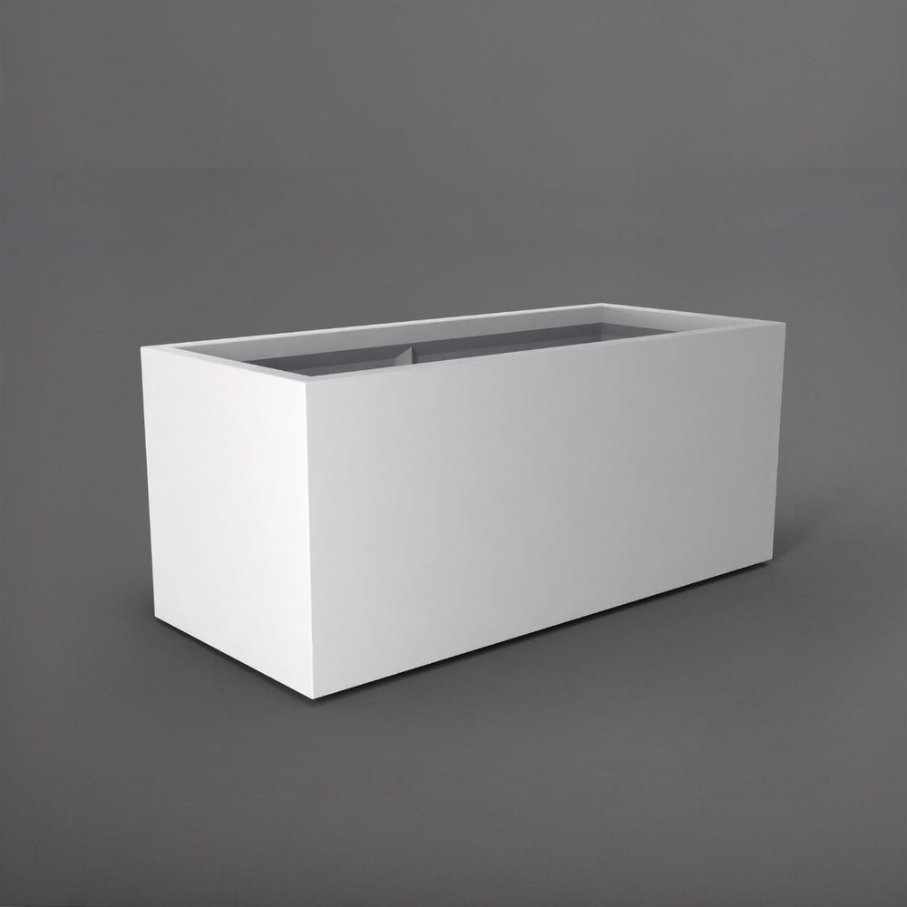Badalona Rectangle Fiberglass Planter in matte bright white against gray background.