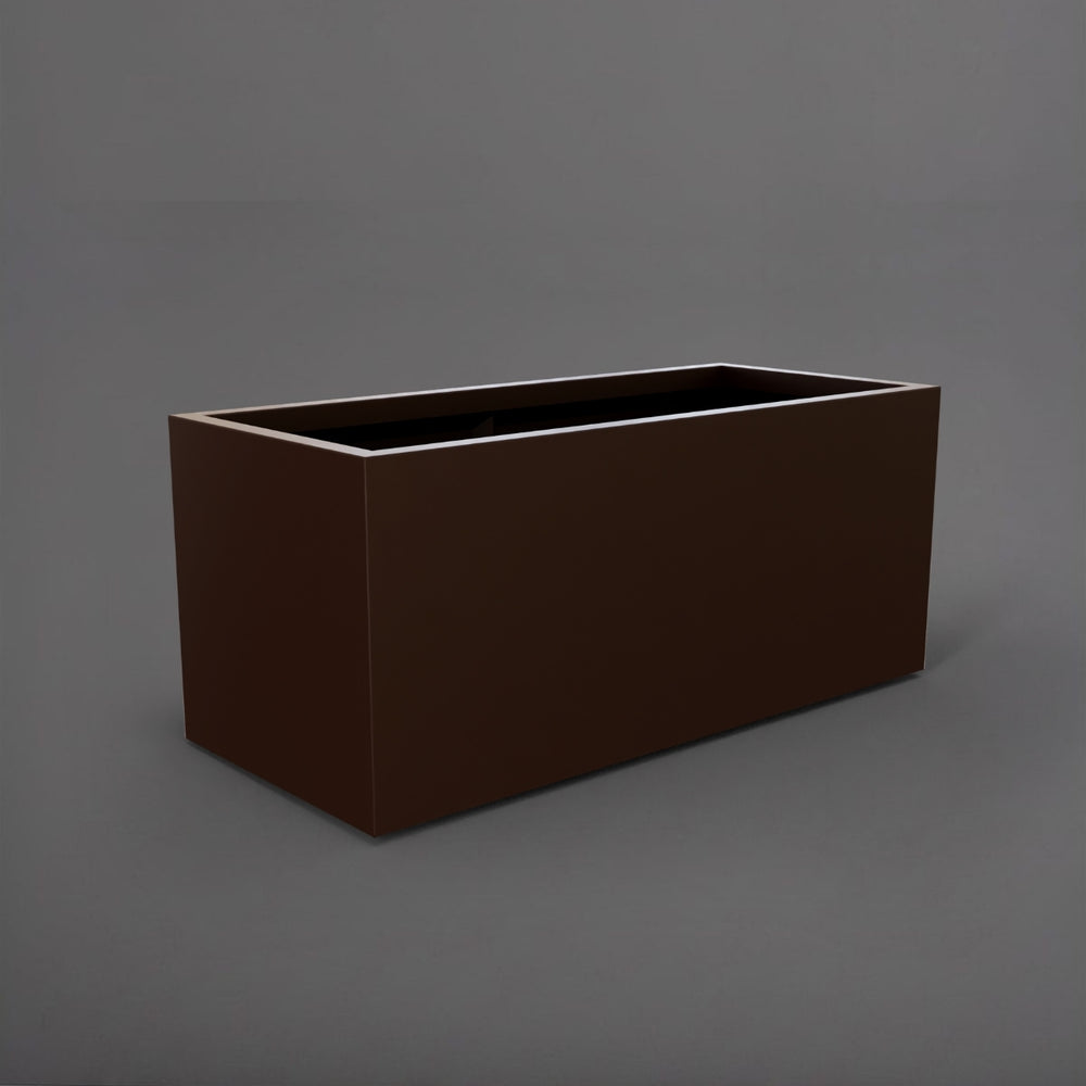 Badalona Rectangle Fiberglass Planter in matte dark brown against gray background.