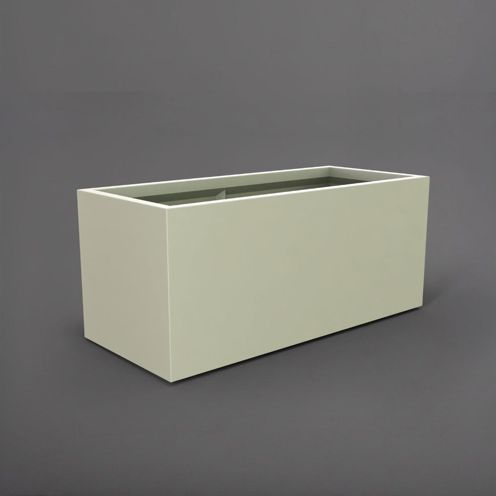 Badalona Rectangle Fiberglass Planter in satin beige against gray background.