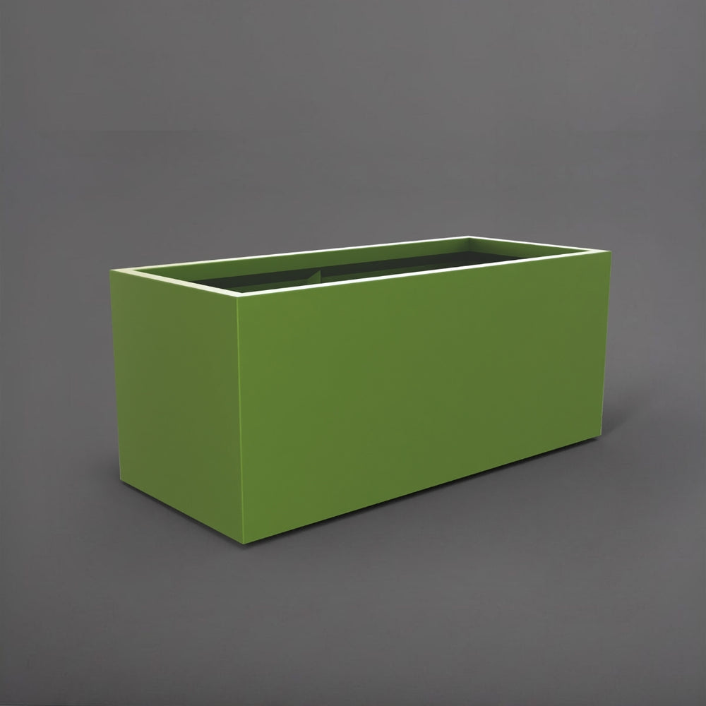 Badalona Rectangle Fiberglass Planter in satin green against gray background.