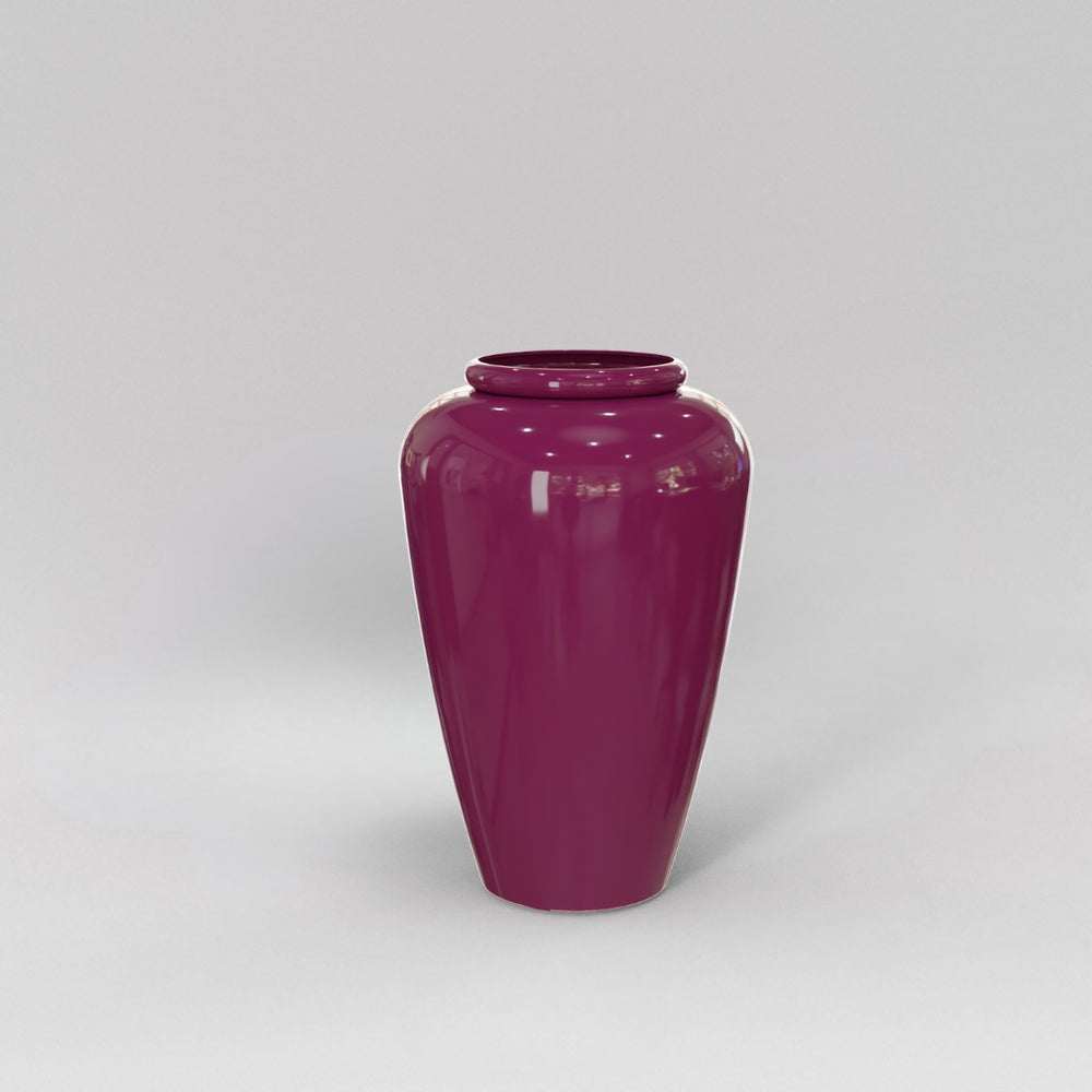 Bara Jar Tall Tapered Fiberglass Planter in gloss eggplant against gray background.