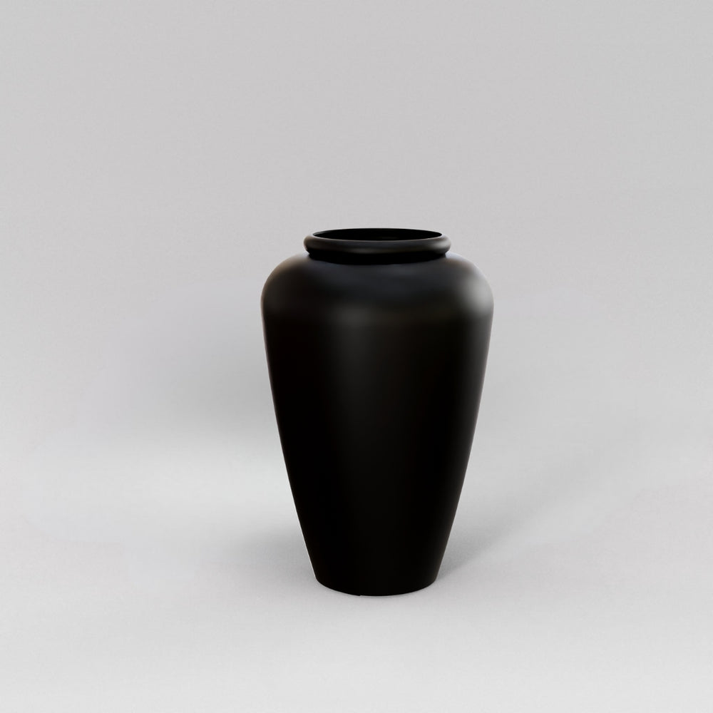 Bara Jar Tall Tapered Fiberglass Planter in matte black against gray background.