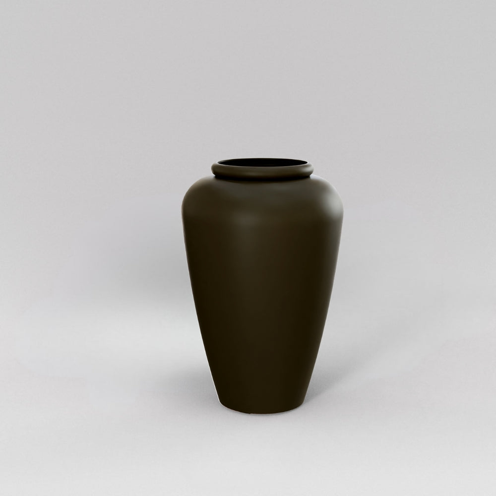 Bara Jar Tall Tapered Fiberglass Planter in matte bronze against gray background.