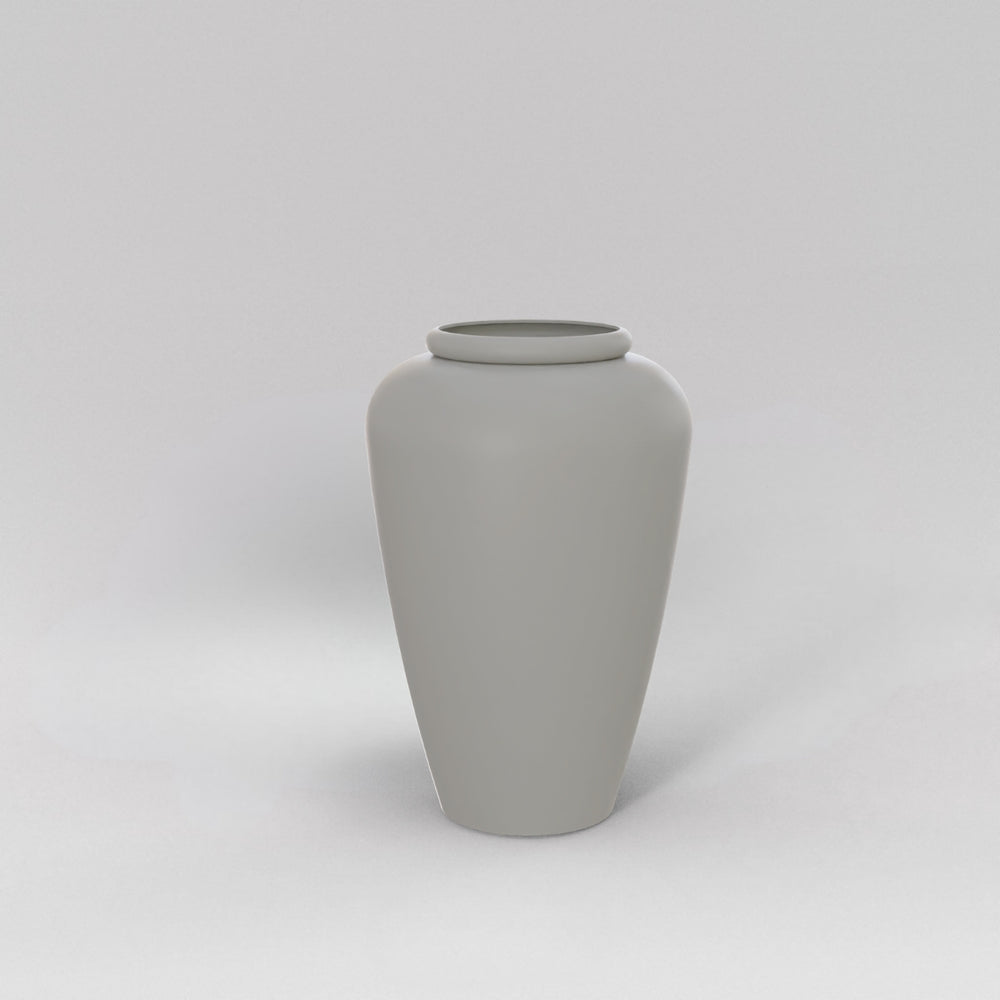 Bara Jar Tall Tapered Fiberglass Planter in matte cement grey against gray background.
