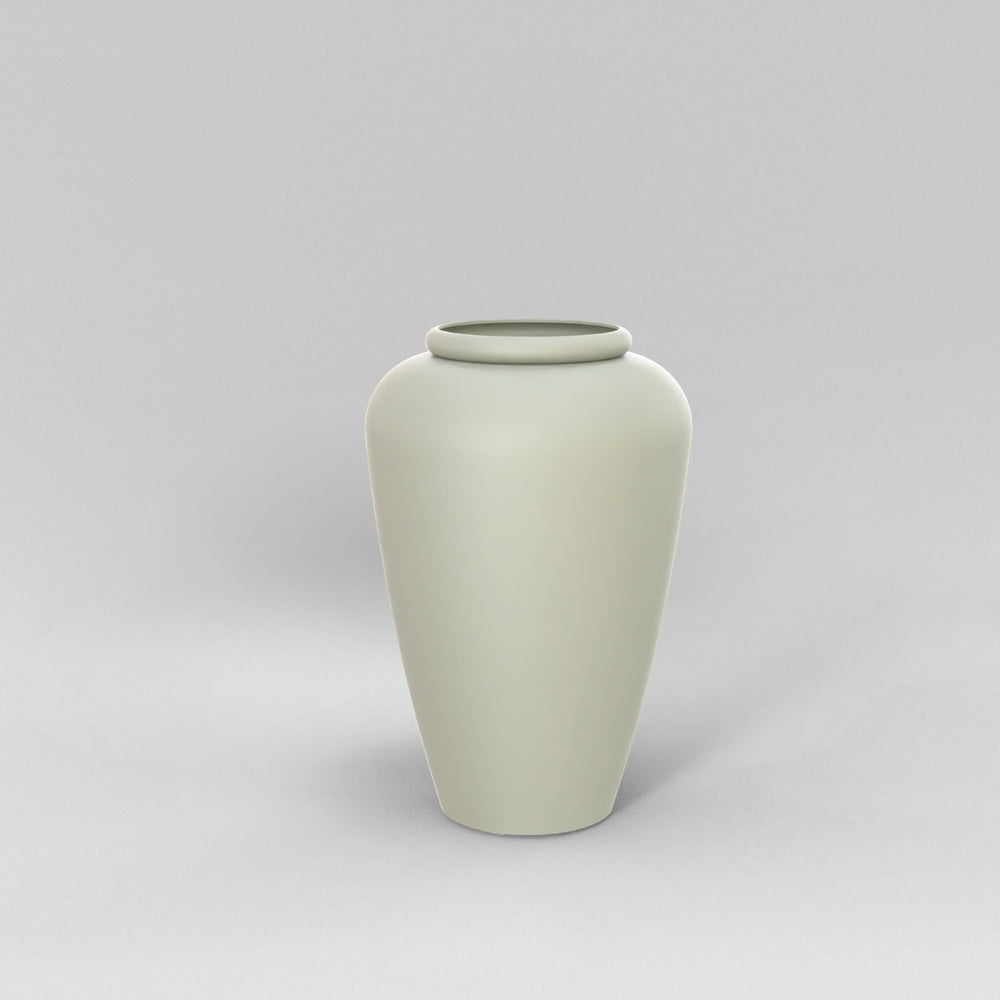 Bara Jar Tall Tapered Fiberglass Planter in satin beige against gray background.