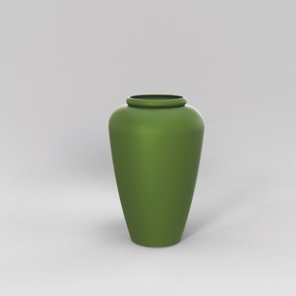 Bara Jar Tall Tapered Fiberglass Planter in satin green against gray background.