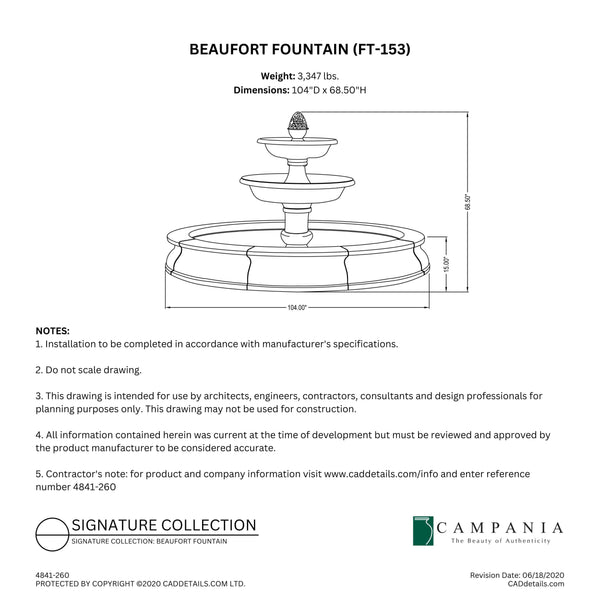 CAD drawing of the Beaufort Fountain with dimensions, weight, and manufacturer notes.