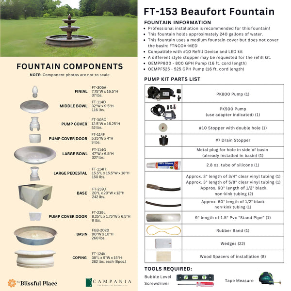 Complete overview of the Beaufort Fountain with dimensions, weights, pump kit parts, tools, and general info.
