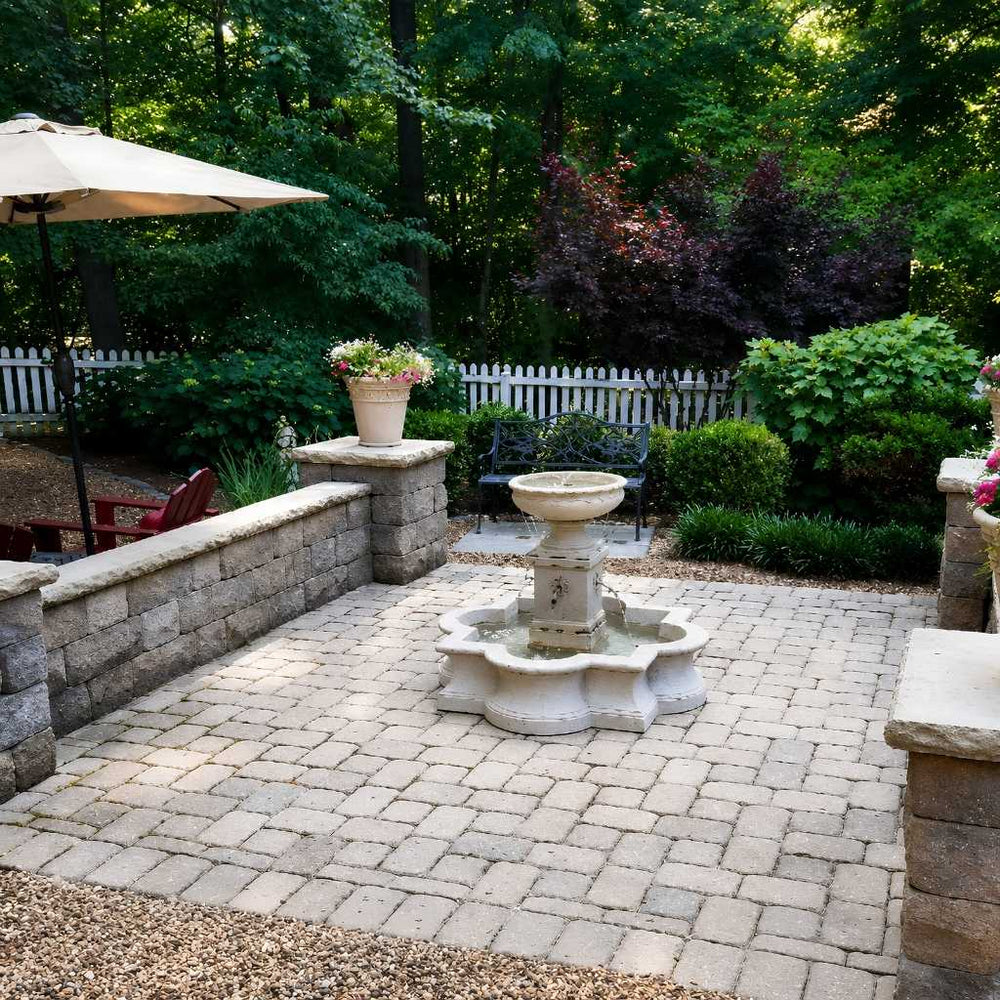 Beauvais Fountain running on concrete patio