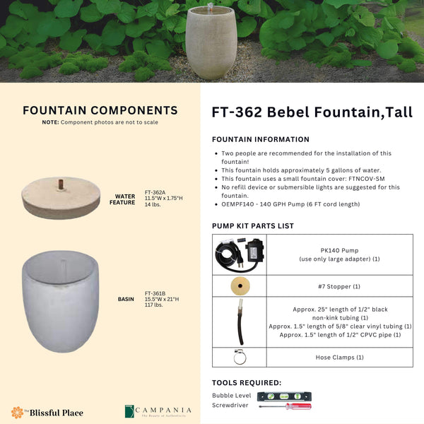 Complete overview of the Bebel Fountain, Tall with dimensions, weights, pump kit parts, tools, and general info.