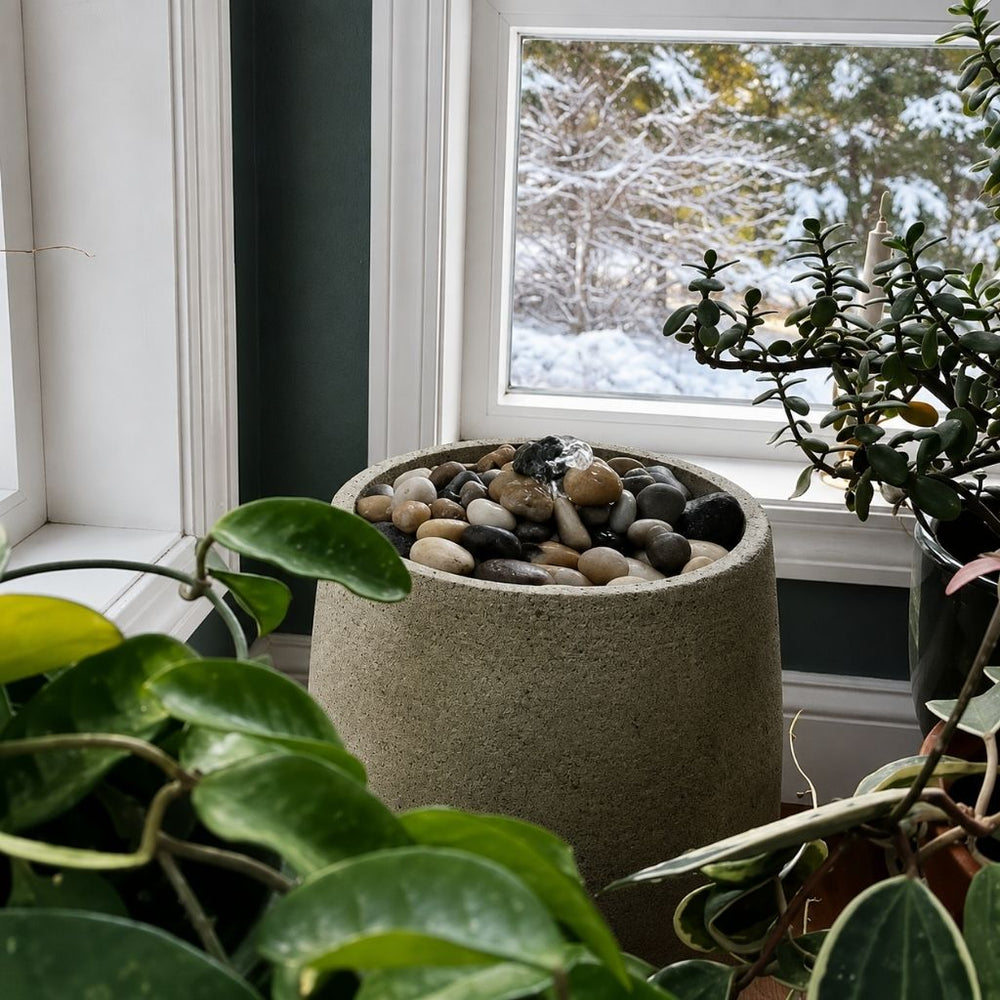 Bebel Pebble Fountain beside plants upclose
