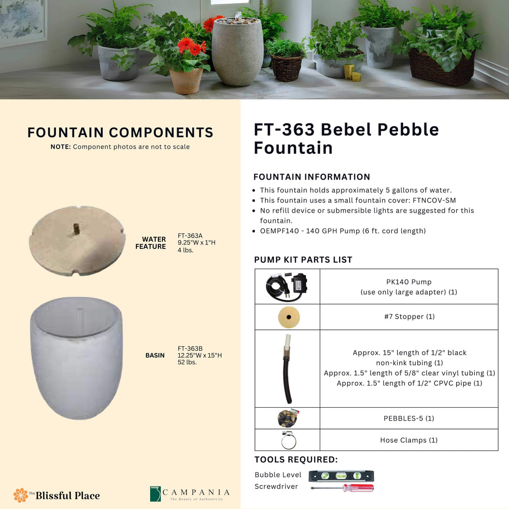 Complete overview of the Bebel Pebble Fountain with dimensions, weights, pump kit parts, tools, and general info.

