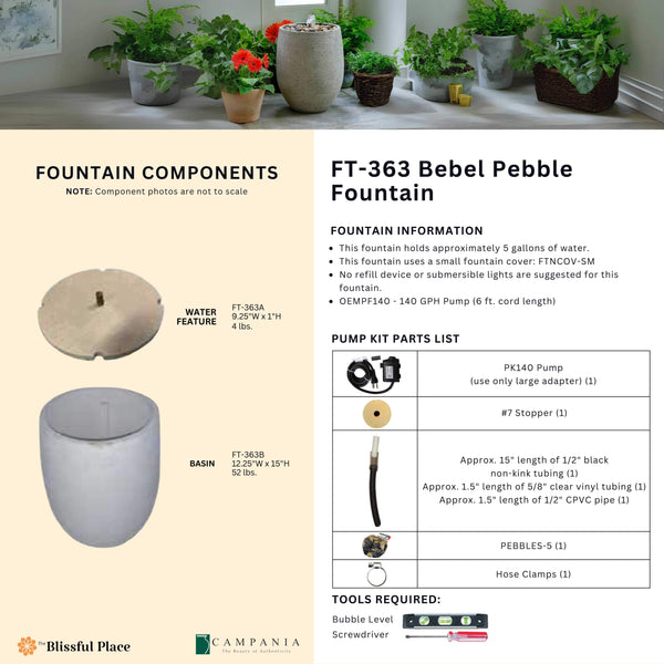 Complete overview of the Bebel Pebble Fountain with dimensions, weights, pump kit parts, tools, and general info.
