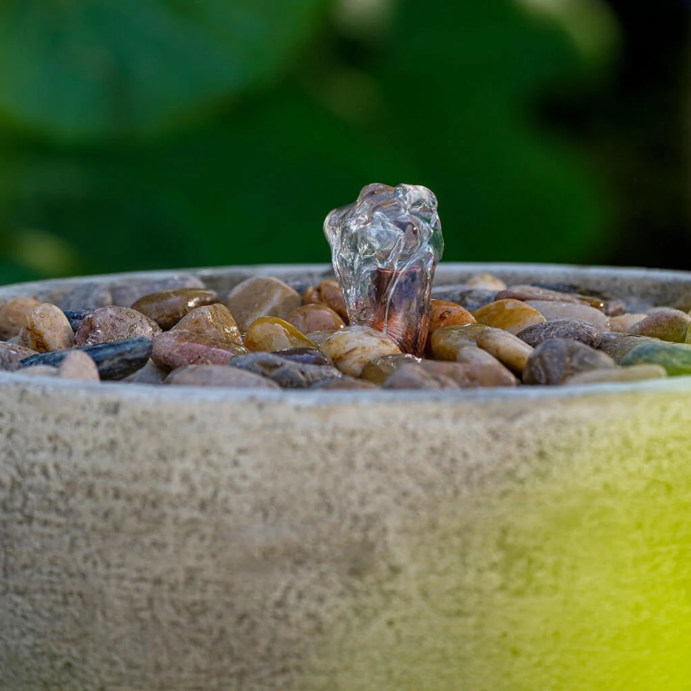 Bebel Pebble Fountain, Tall on gravel in in action upclose.