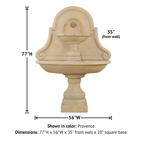 Belair Wall Fountain for Spout against white background with product details.