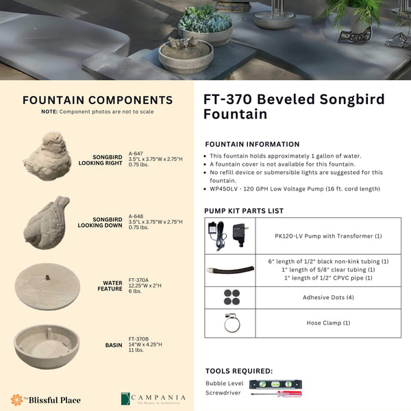 Complete overview of the Beveled Songbird Fountain with dimensions, weights, pump kit parts, tools, and general info.
