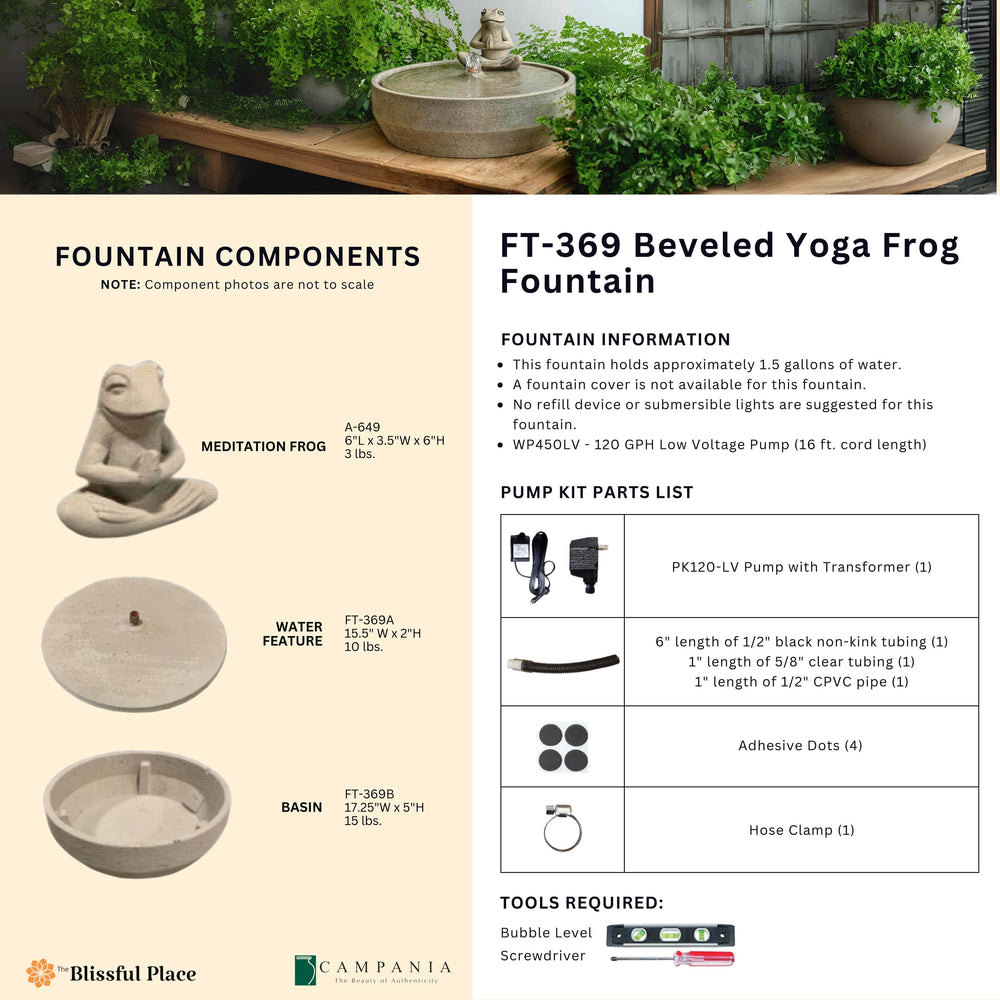 Complete overview of the Beveled Yoga Frog Fountain with dimensions, weights, pump kit parts, tools, and general info.