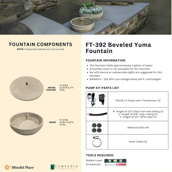 Complete overview of the Beveled Yuma Fountain with dimensions, weights, pump kit parts, tools, and general info.
