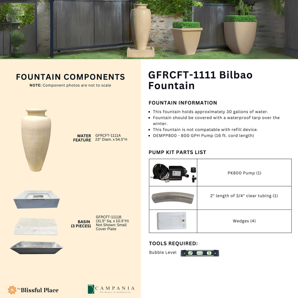 Complete overview of the Bilbao Fountain with dimensions, weights, pump kit parts, tools, and general info.