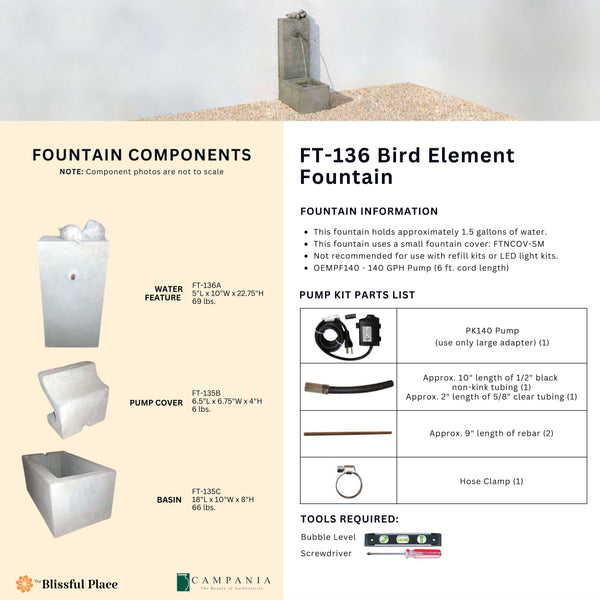 Complete overview of the Bird Element Fountain with dimensions, weights, pump kit parts, tools, and general info.
