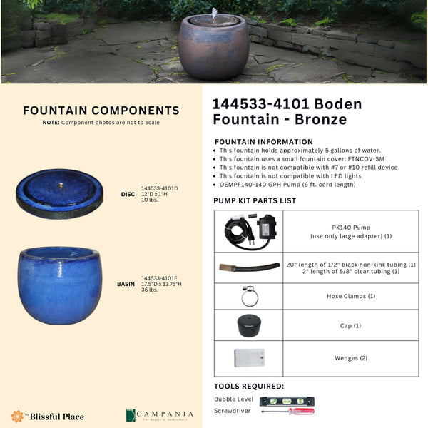 Complete overview of the Boden Fountain - Bronze with dimensions, weights, pump kit parts, tools, and general info.
