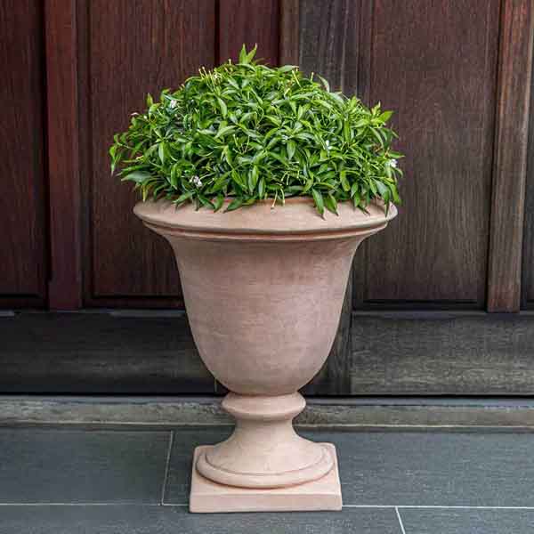 Bolzano Urn Terra Cotta s/1 on the concrete filled with plants