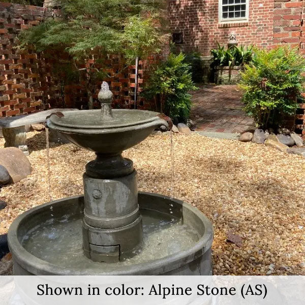 Borghese in Basin Fountain on gravel in the backyard upclose